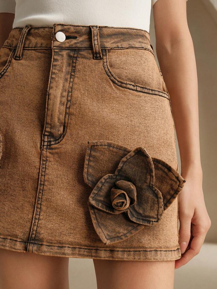 CM-BS455021 Women Casual Seoul Style 3D Floral Decor Denim Mini Skirt