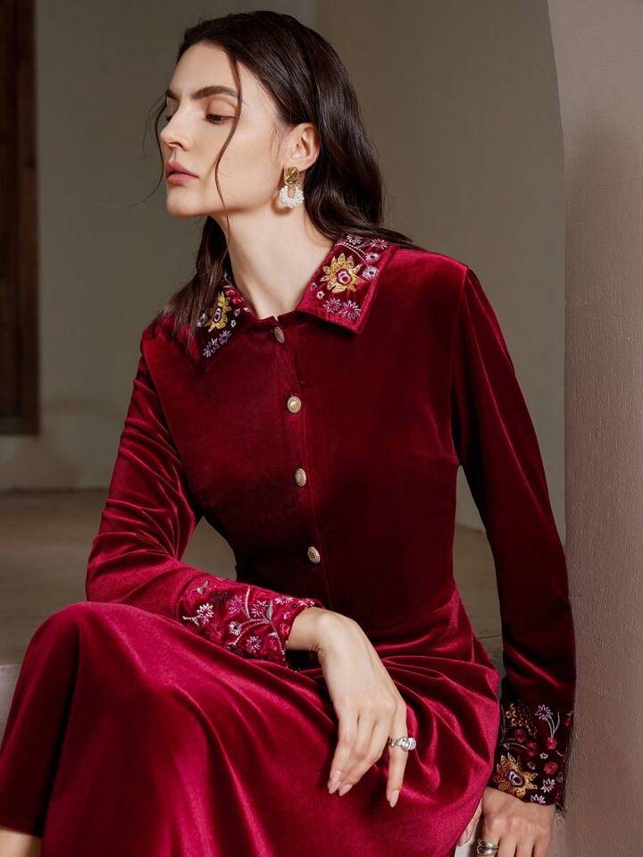 CM-DS682190 Women Retro Seoul Style Velvet Floral Embroidered Turn-Down Collar Long Dress - Burgundy