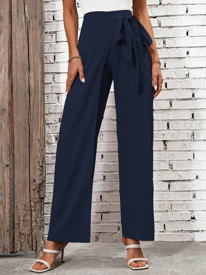 CM-BS571516 Women Casual Seoul Style High Waist Knot Side Pants - Navy Blue