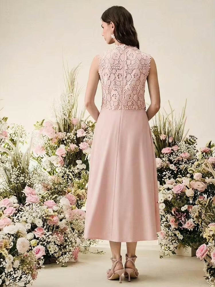 CM-DS194575 Women Elegant Seoul Style Stand Collar Sleeveless Floral Embroidered Lace Midi Dress - Pink