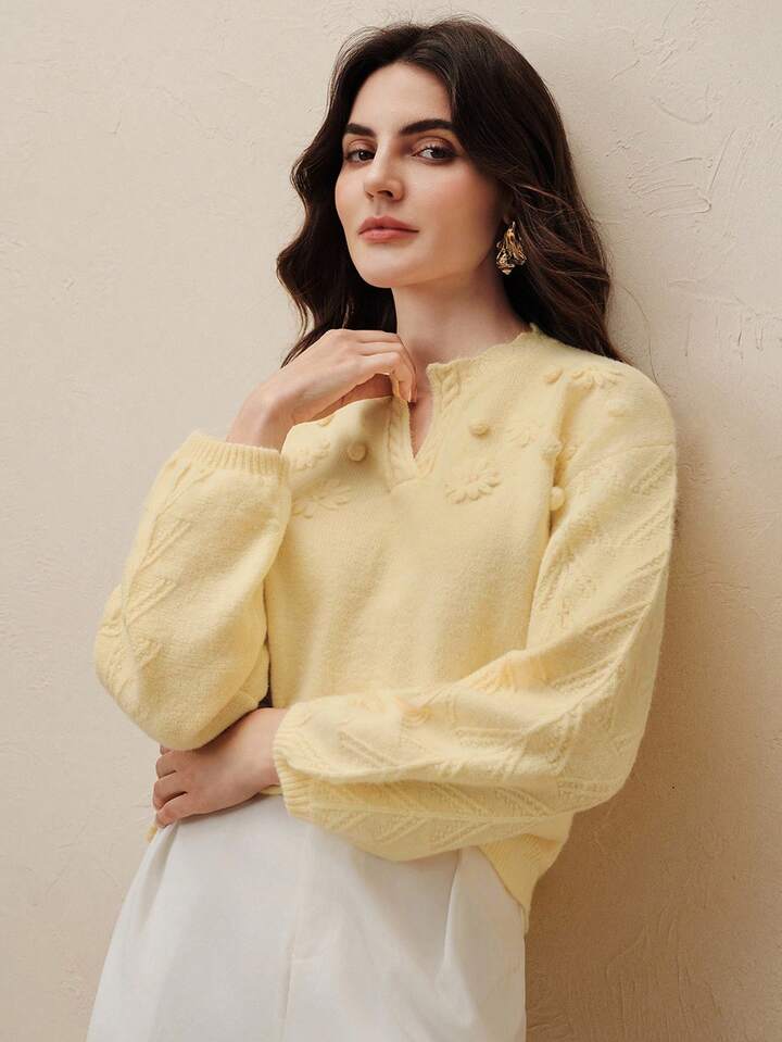 CM-CS731179 Women Elegant Seoul Style Embroidered Floral Motched Neckline Loose Knit Pullover Sweater - Yellow