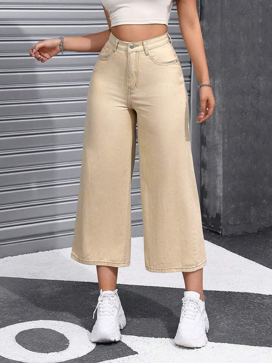 CM-BS517977 Women Casual Seoul Style High-Waisted Baggy Wide Leg Capri Denim - Khaki