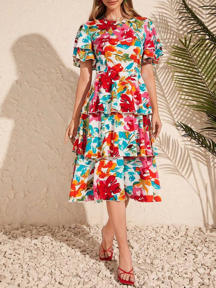 CM-DS181158 Women Trendy Bohemian Style Floral Print Ruffle Hem Tiered A-Line Dress