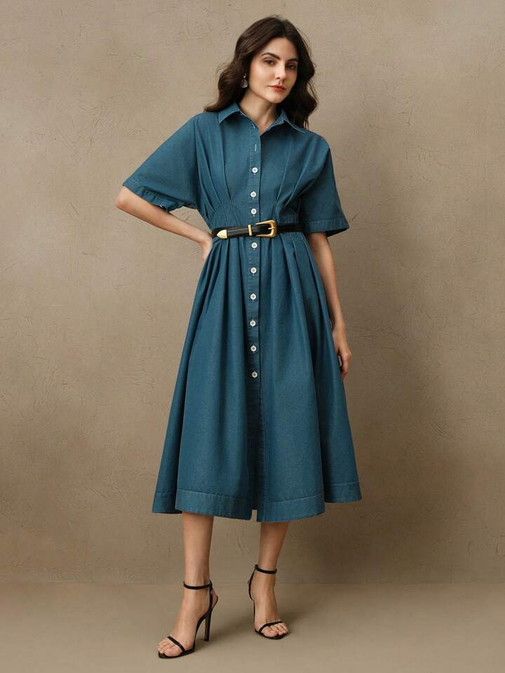 CM-DS203055 Women Elegant Seoul Style Shirt Collar Batwing Sleeve High Waist A-Line Denim Dress - Blue