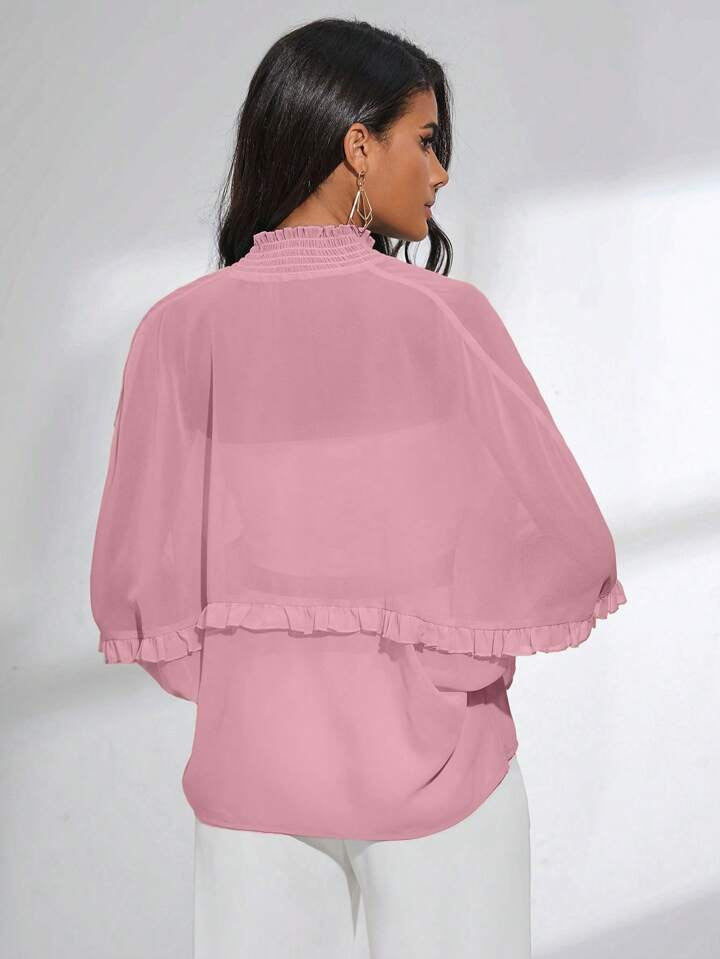 CM-TS187536 Women Trendy Bohemian Style Shirred Neck Batwing Sleeve Sheer Blouse - Pink