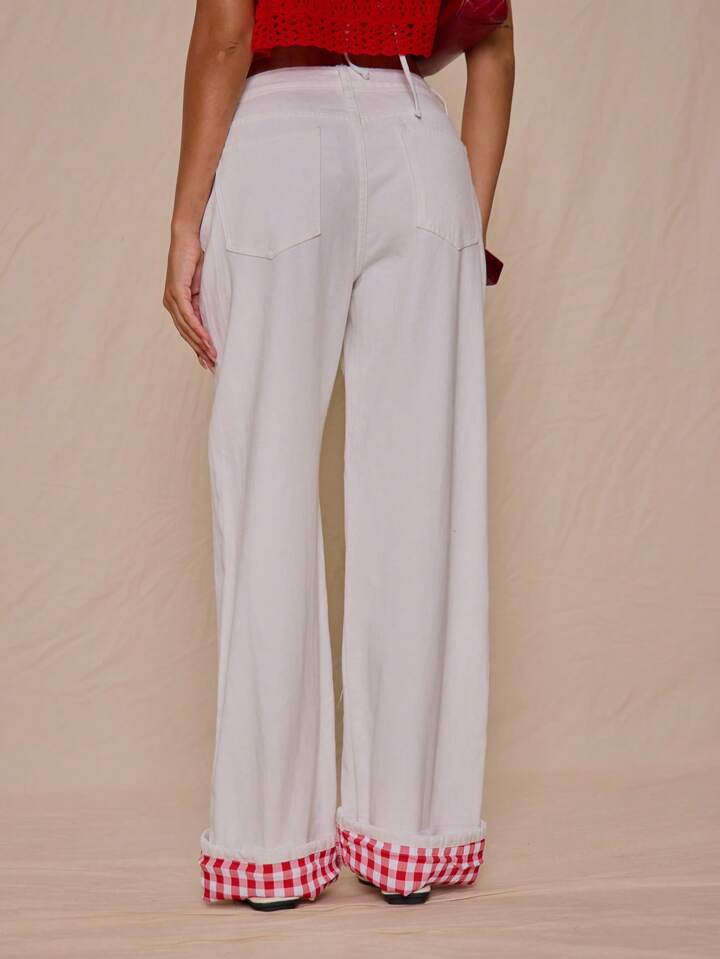 CM-BS465535 Women Casual Seoul Style Mid Rise Turn Up Hem Gingham Straight Leg Denim Jeans - White