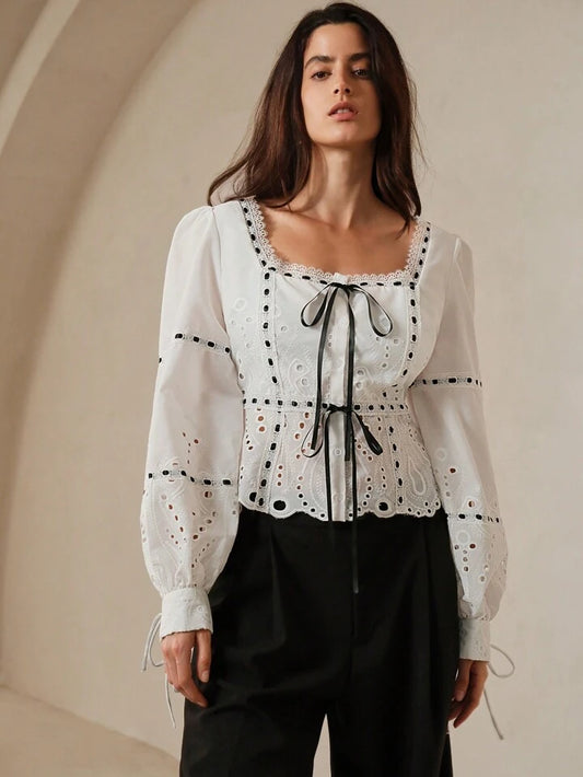 CM-TS664319 Women Elegant Seoul Style Embroidery Square Collar Waist Tightened Puff Sleeve Shirt