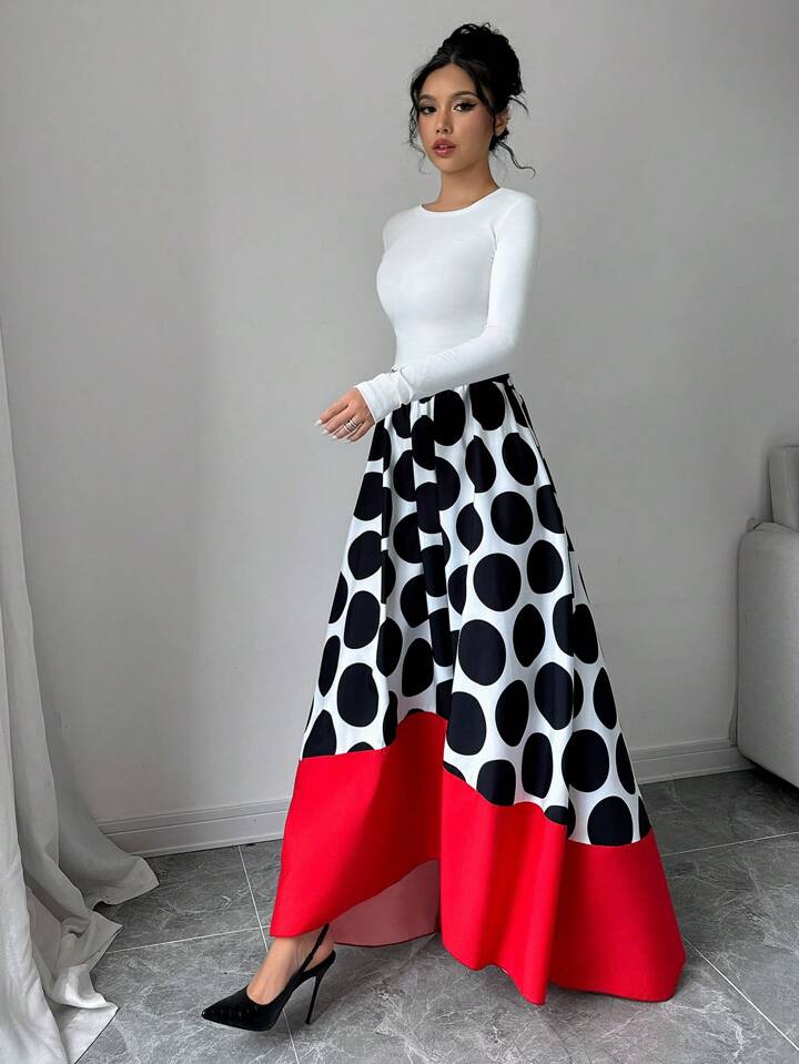 CM-BS444364 Women Casual Seoul Style Large Polka Dot Solid Color Patchwork A-Line Maxi Skirt