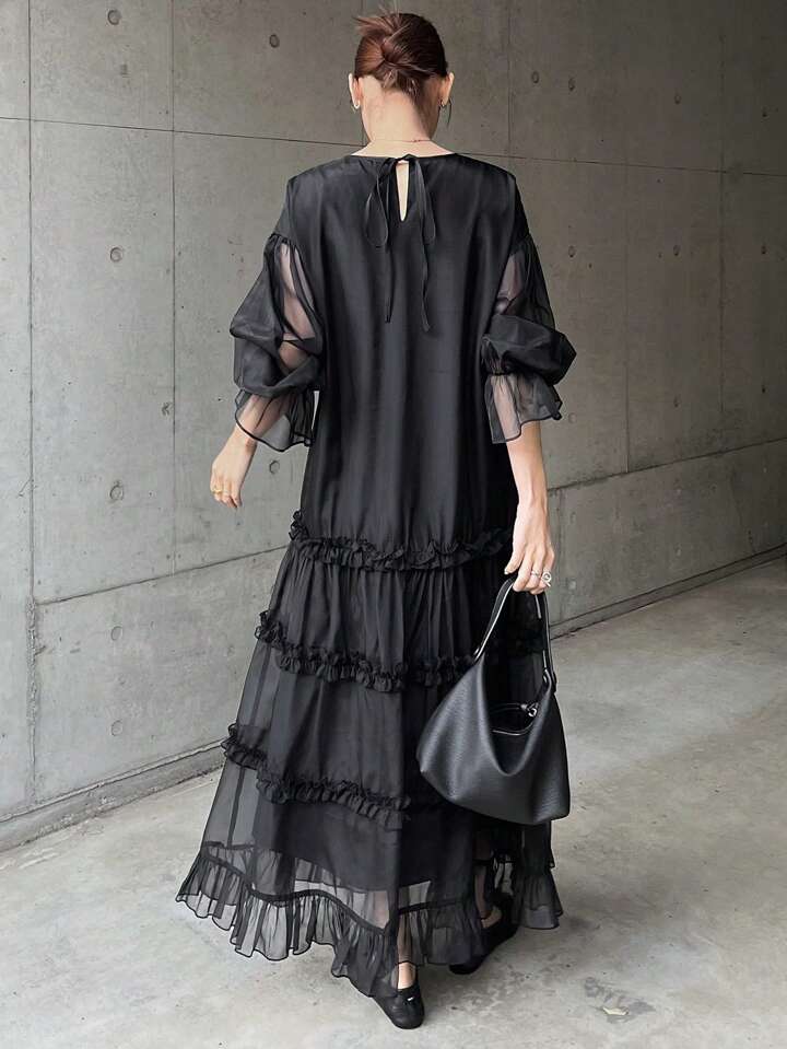 CM-DS872665 Women Casual Seoul Style Round Neck Mesh-Sheer Panel Ruffle Hem Loose Fit Long Dress - Black