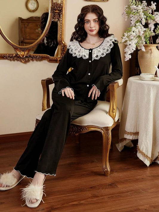 CM-LS596087 Women Trendy Seoul Style Lace Contrast Color Long Sleeve Top With Pants Sleepwear Set