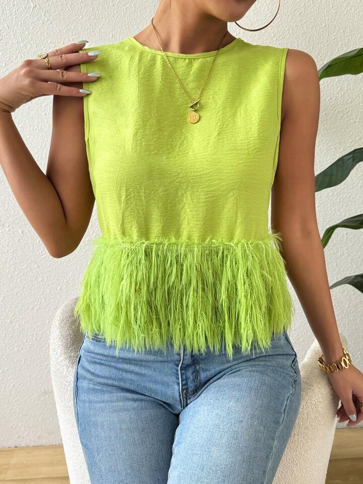 CM-TS346633 Women Casual Seoul Style Round Neck Sleeveless Loose Furry Hem Blouse - Green