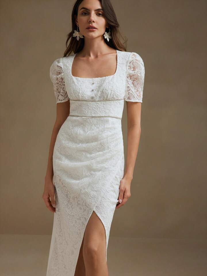 CM-DS149969 Women Elegant Seoul Style Square Neckline Puff Sleeve Lace Slit Midi Dress - White