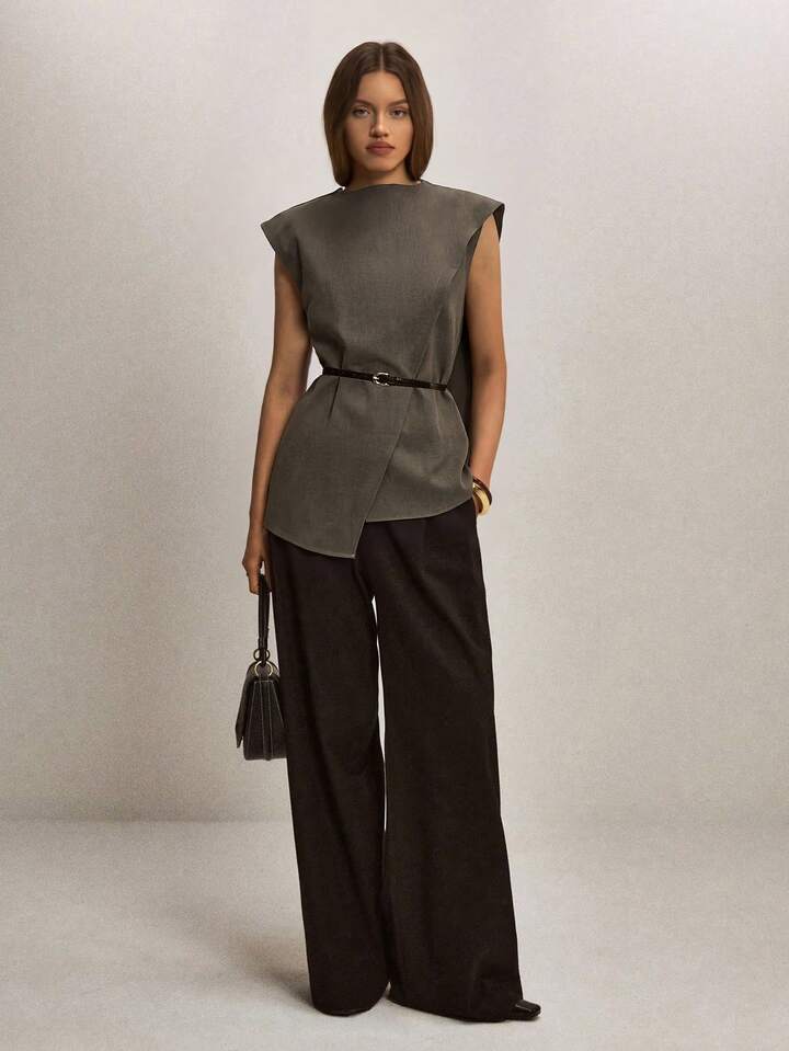 CM-TS980762 Women Elegant Seoul Style Stand Collar Sleeveless Asymmetric Hem Loose Blouse - Dark Green
