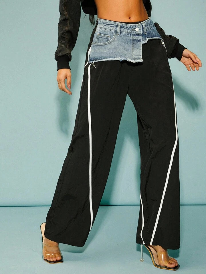 CM-BS452161 Women Casual Seoul Style High Waist Patchwork Front Button Pocket Denim Trousers