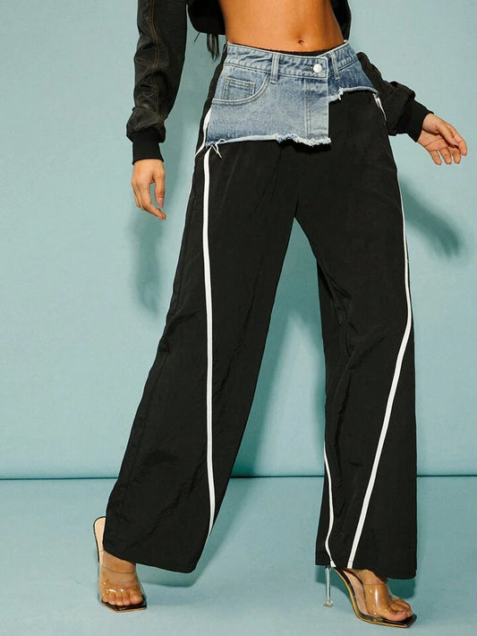CM-BS452161 Women Casual Seoul Style High Waist Patchwork Front Button Pocket Denim Trousers