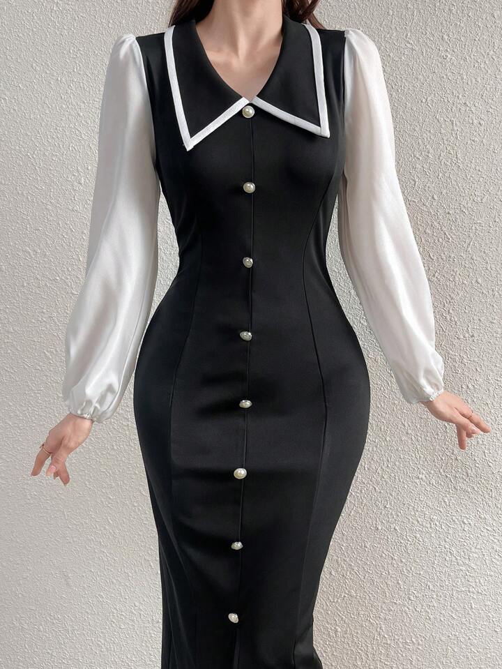 CM-DS666143 Women Elegant Seoul Style Lapel Collar Colorblock Cinched Waist Pencil Dress