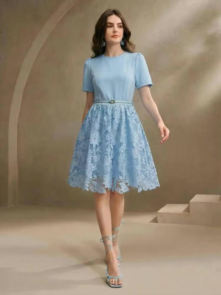 CM-DS467791 Women Elegant Seoul Style Round Neck Short Sleeve Lace Patchwork Mini Dress - Blue