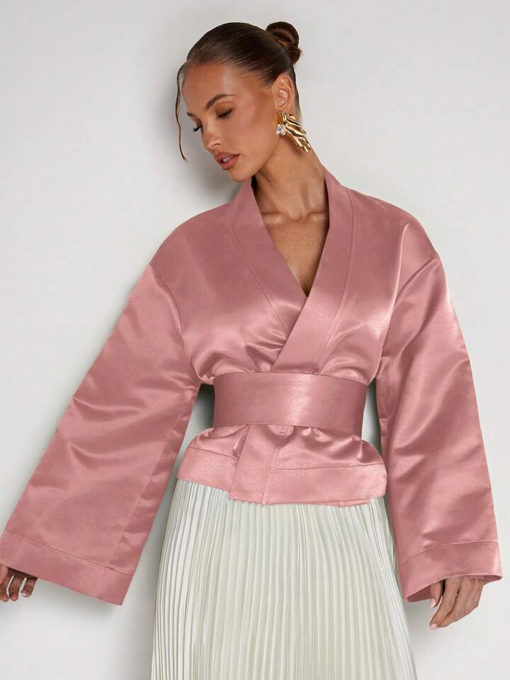 CM-TS829270 Women Elegant Seoul Style Solid Color V-Neck Wrap Flared Sleeve Blouse - Pink