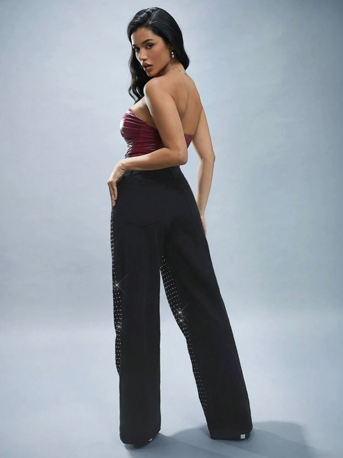 CM-BS551884 Women Casual Seoul Style Relaxed Fit Rhinestone Wide Leg Jeans - Black