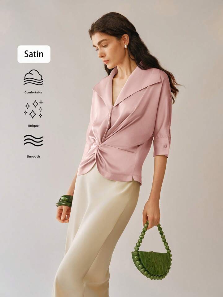 CM-TS548202 Women Elegant Seoul Style Waterfull Neckline Twill Lapel Twist Batwing Sleeve Blouse - Dusty Pink