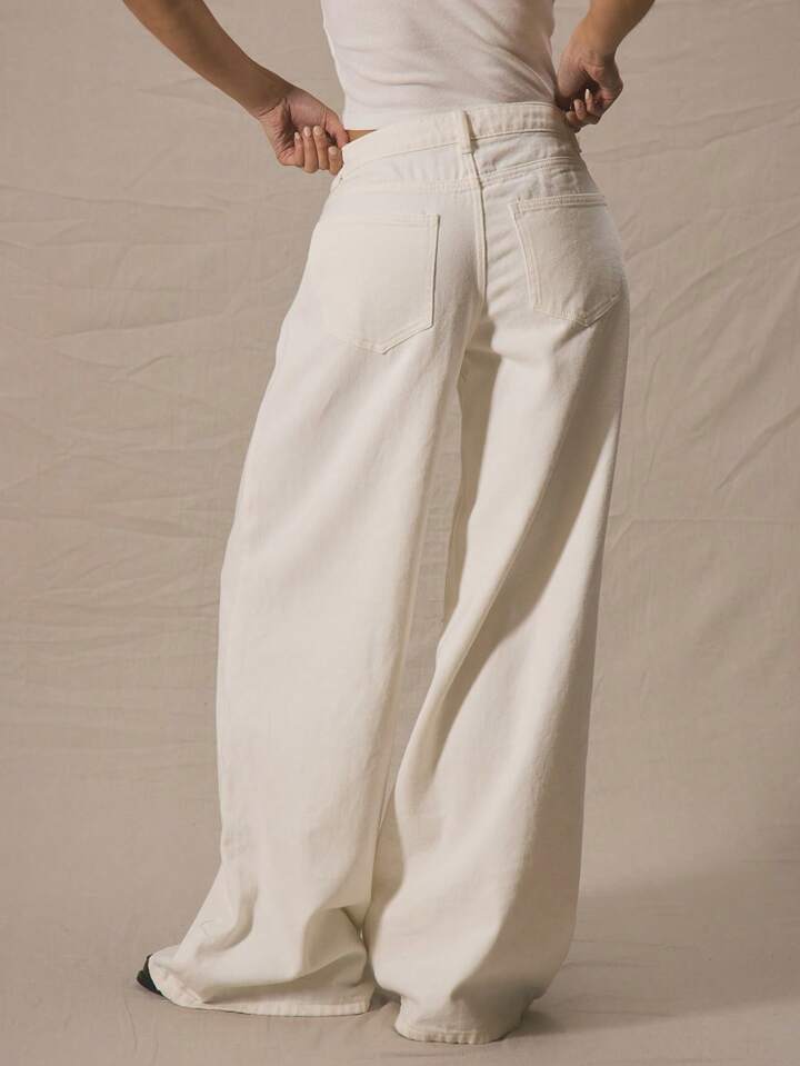 CM-BS468966 Women Casual Seoul Style Mid Rise Wide Leg Denim Jeans - White