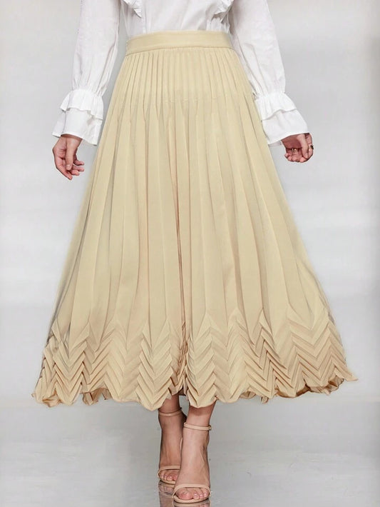 CM-BS462840 Women Casual Seoul Style Pleated Flared Maxi Skirt - Apricotsz2312255350462840