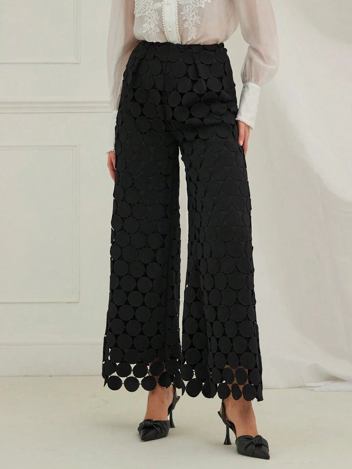 CM-BS035384 Women Trendy Bohemian Style Elastic Waist Lace Straight Leg Trousers - Black