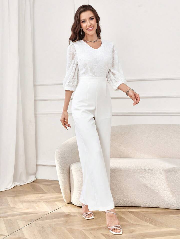 CM-JS368605 Women Elegant Seoul Style Solid Color V-Neck 3/4 Sleeve Wide Leg Jumpsuit - White