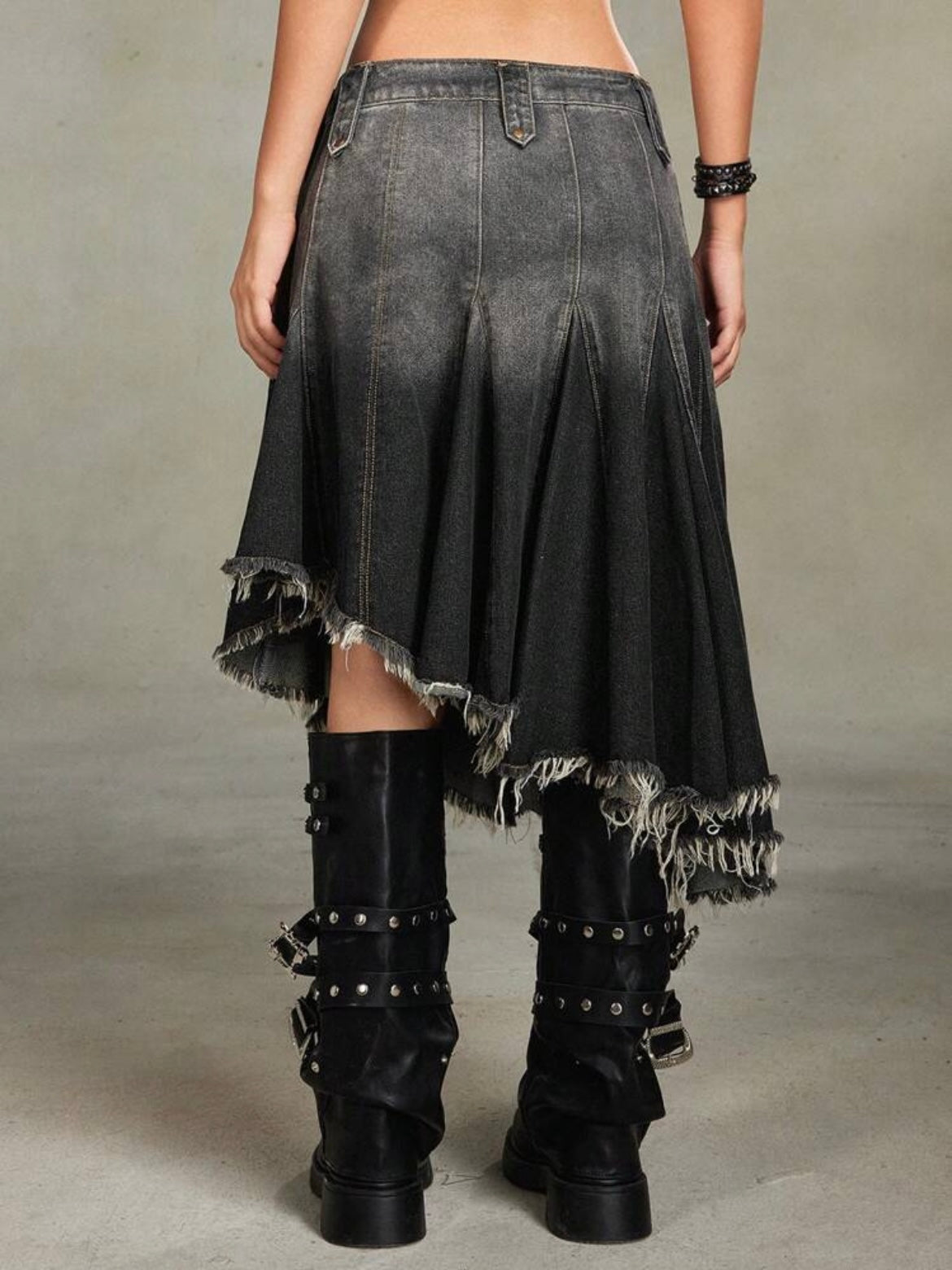 CM-BS935301 Women Casual Seoul Style Asymmetrical Hem Frayed A-Line Denim High Waist Skirt