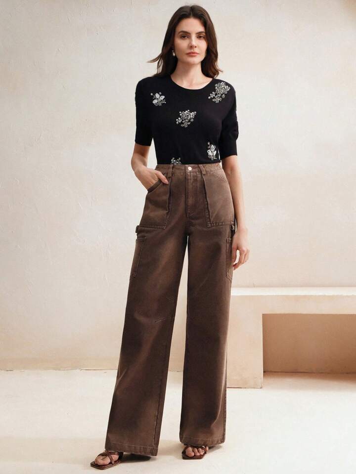 CM-BS448646 Women Casual Seoul Style Zipper Fly Loose Straight Leg Jeans - Coffee Brown