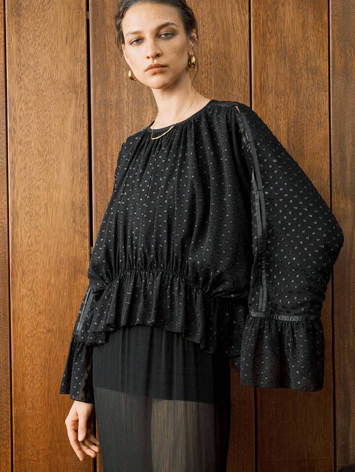 CM-TS538131 Women Elegant Seoul Style Polka Dot Chiffon Jacquard Drop Shoulder Waist Ruffle Design Hem Blouse