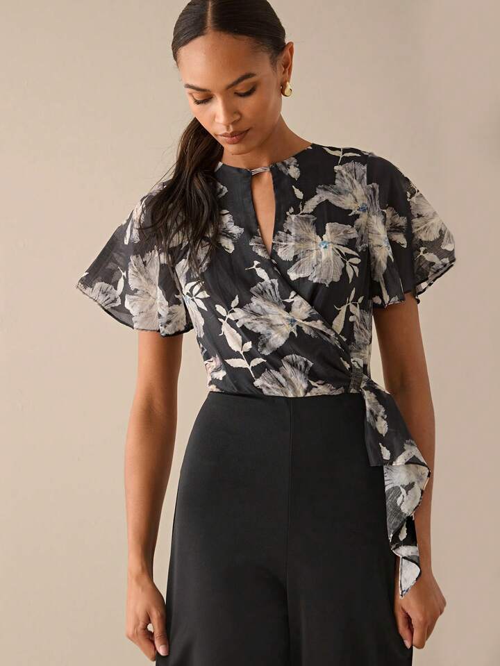 CM-JS668838 Women Elegant Seoul Style Floral Print Patchwork Sleeveless Wide Leg Jumpsuit - Black