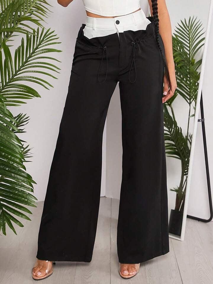 CM-BS924414 Women Casual Seoul Style Contrast Color Elastic Waist Wide Leg Pants