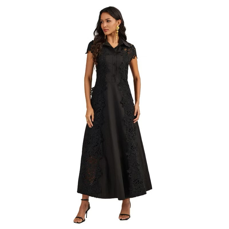 CM-DY044437 Women Elegant European Style Lace Collar Neckline Short Sleeve Splice Long Dress (Available in 2 colors)