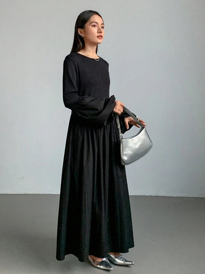 CM-DS465431 Women Casual Seoul Style Solid Color Round Neck Long Flare Sleeve Dress - Black