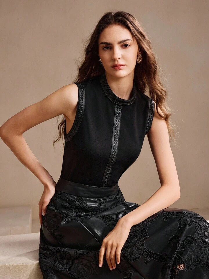 CM-TS668862 Women Elegant Seoul Style Stand Collar Rhinestone Decor Sleeveless Tank Top - Black