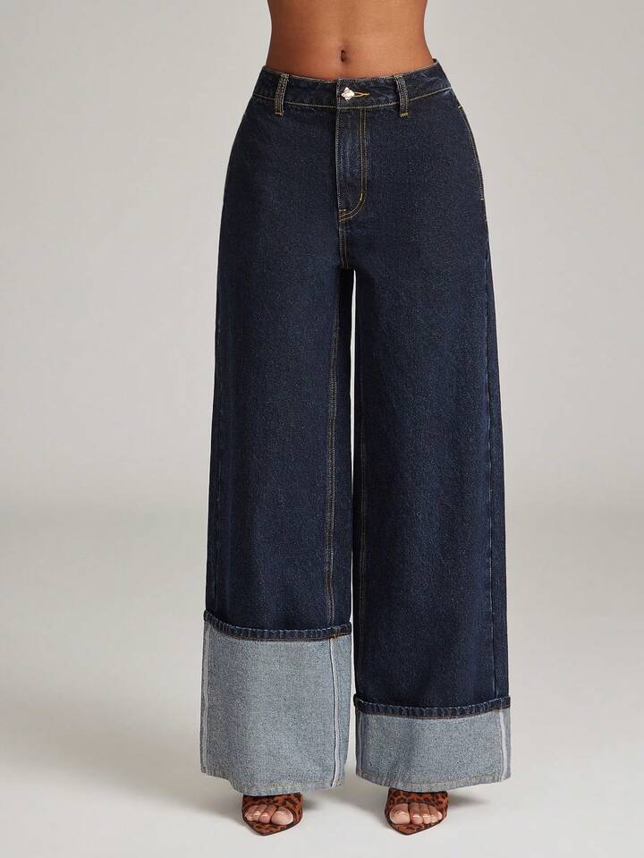 CM-BS844341 Women Casual Seoul Style Mid Rise Dark Wash High Low Asymmetric Cuffed Wide Leg Jeans