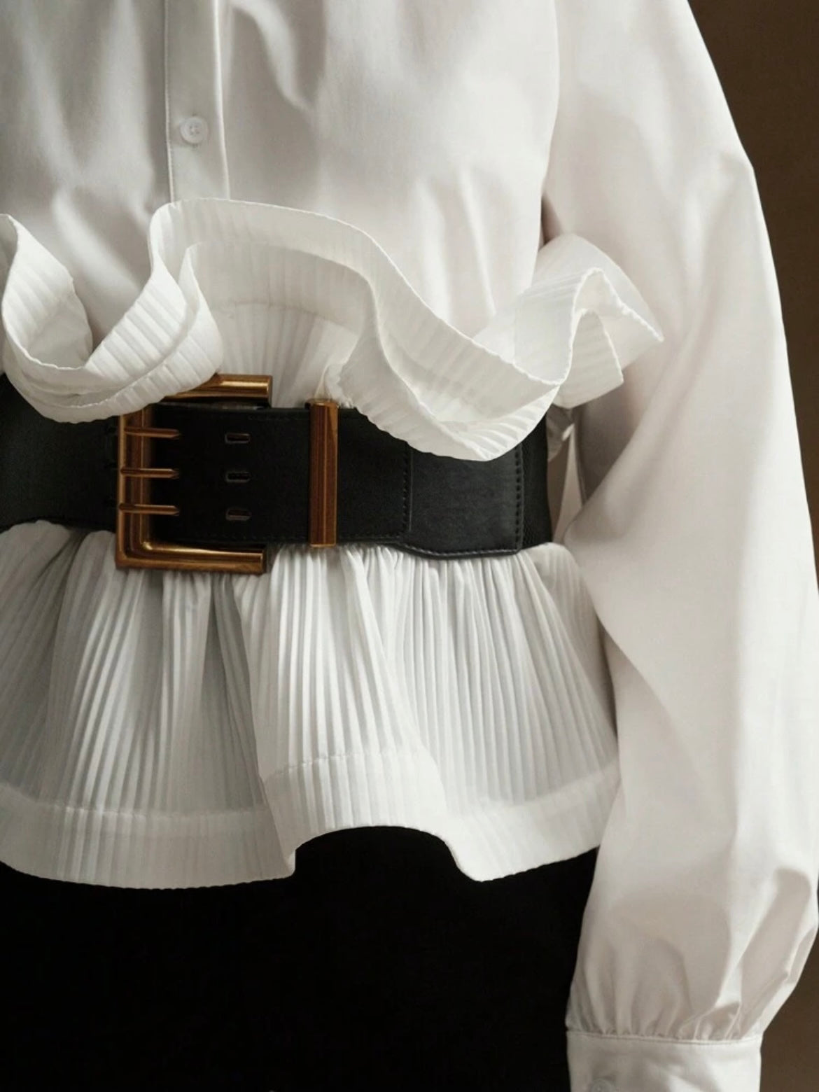 CM-TS961174 Women Elegant Seoul Style Multi-Layer Ruffles Waist Cinching Loose Shirt - White