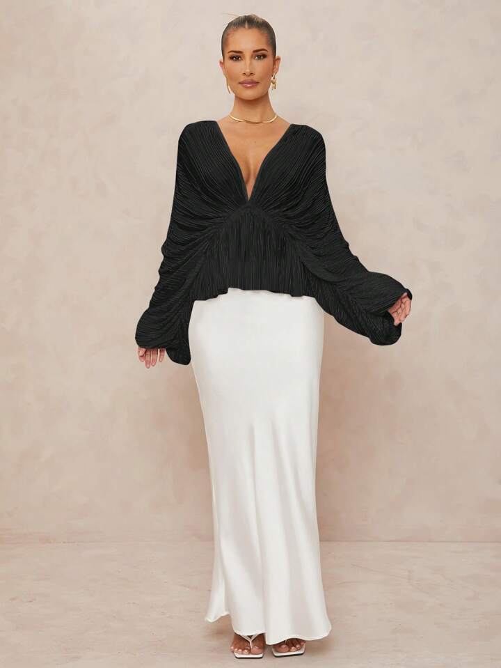 CM-TS291833 Women Elegant Seoul Style Deep V-Neck Long Sleeve Loose Fit Ruffled Hem  Oversized Blouse - Black