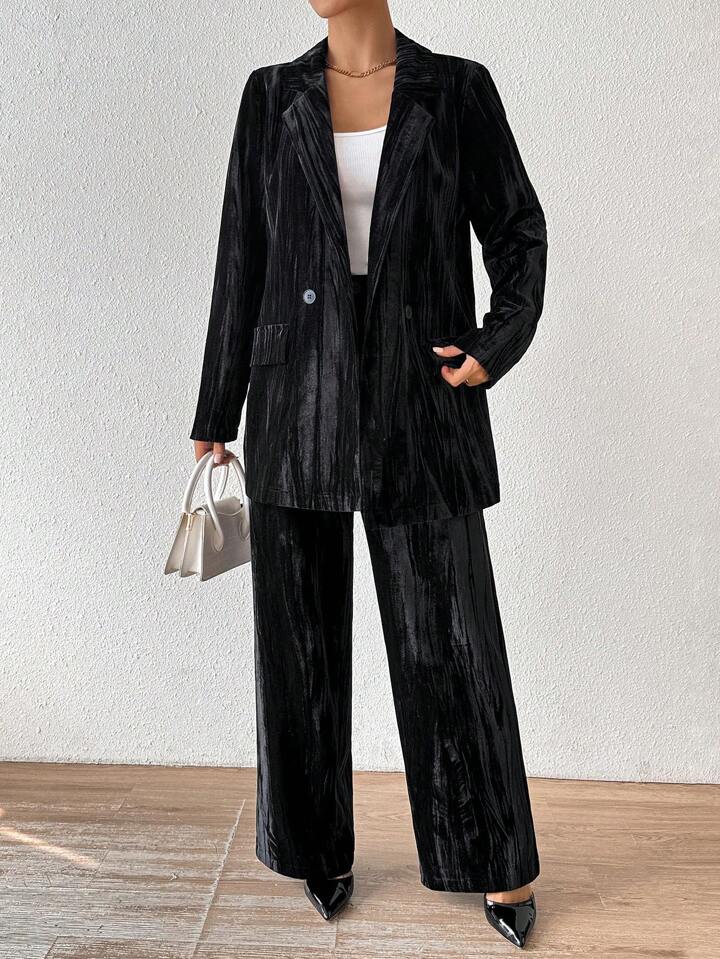 CM-SS634343 Women Elegant Seoul Style Stand Collar Long Sleeve Velvet Jacket With Straight Leg Pants Suit - Black