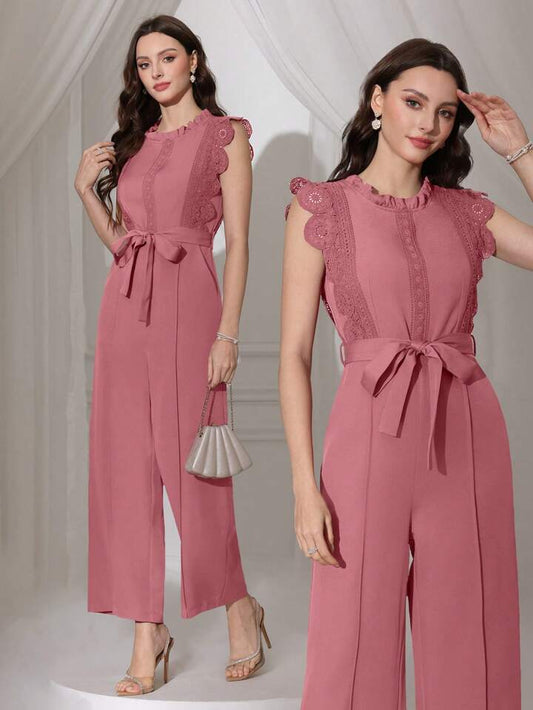 CM-JS241575 Women Elegant Seoul Style Lace Patchwork Sleeveless Straight Leg Jumpsuit - Dusty Pink