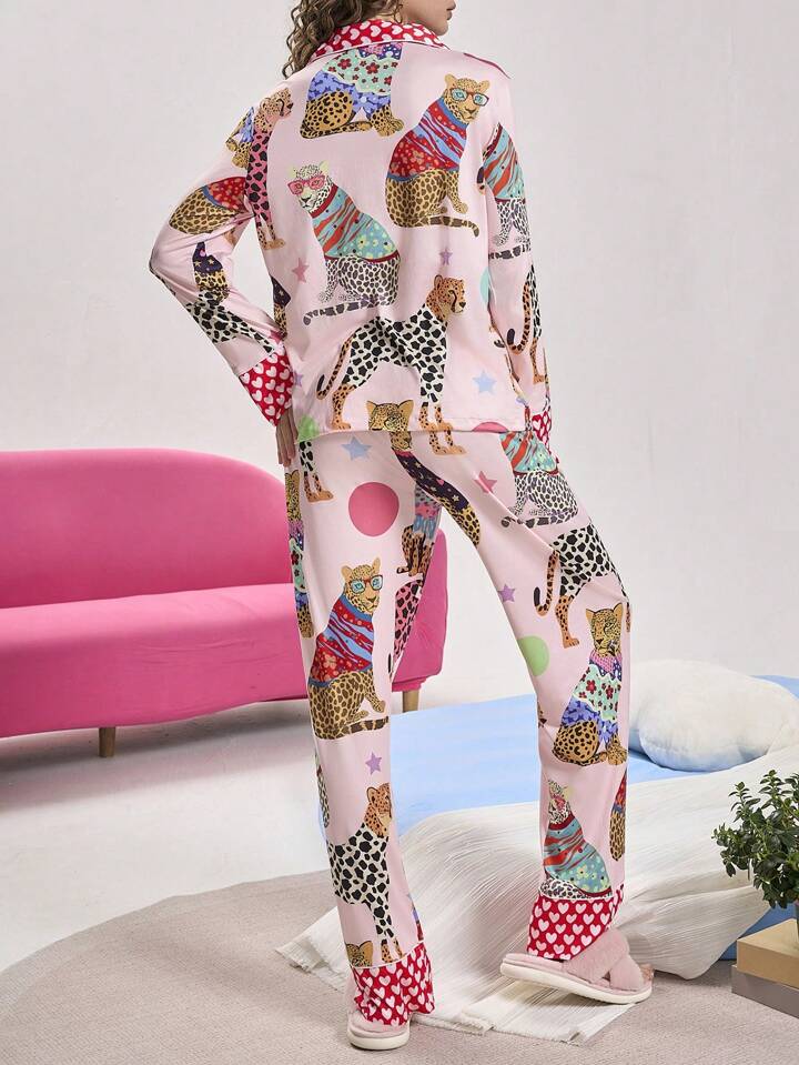 CM-LS551783 Women Trendy Seoul Style Printed Long Sleeve Button Up Top With Pants Pajama Set - Pink