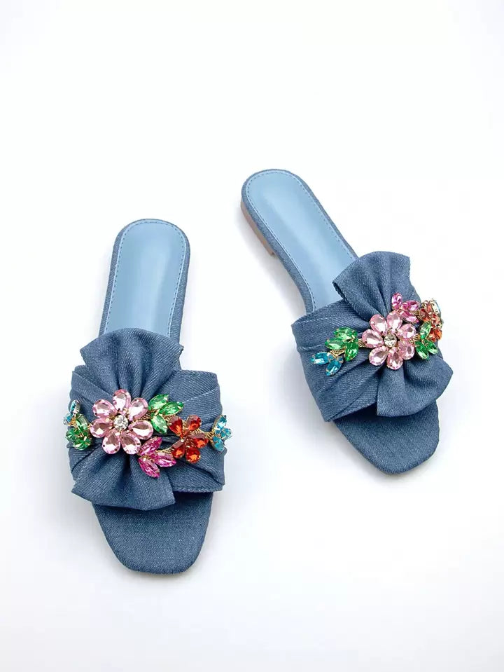 CM-SHS141881 Women Trendy Seoul Style Rhinestone And Bow Decor Slide Denim Flat Sandals - Blue