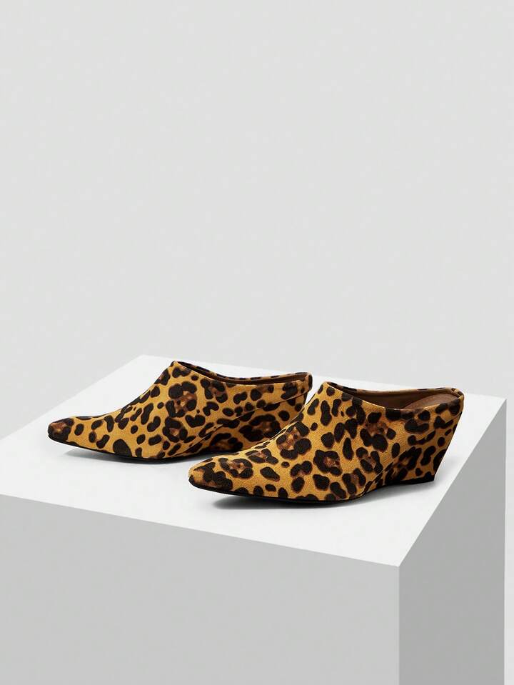 CM-SHS176412 Women Trendy Seoul Style Tweed Leopard Print Pointed Toe Wedge Pumps