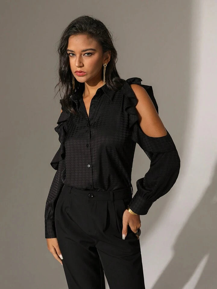 CM-TS583945 Women Casual Seoul Style Spliced Hollow Out Ruffle Off Shoulder Long Sleeve Shirt