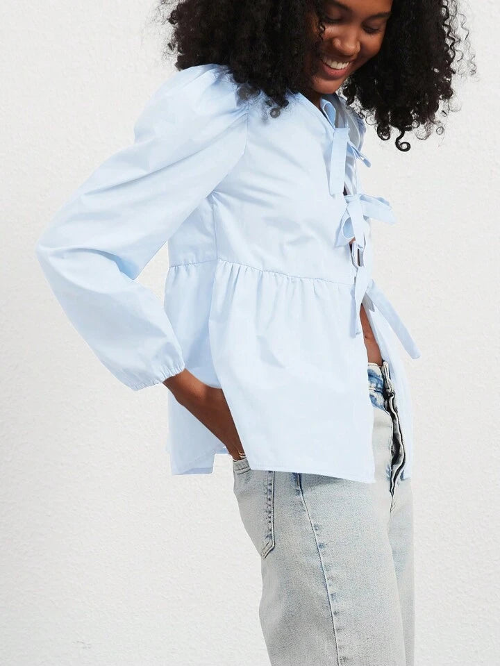 CM-TS617176 Women Casual Seoul Style Print Ruffle Hem Tie Long Sleeve Shirt - Baby Blue