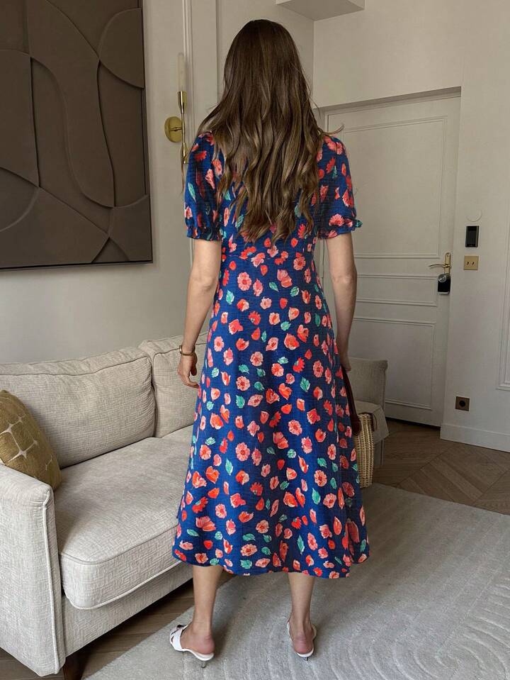 CM-DS041144 Women Trendy Bohemian Style V-Neck Puff Sleeve High Waist Floral Wrap Dress