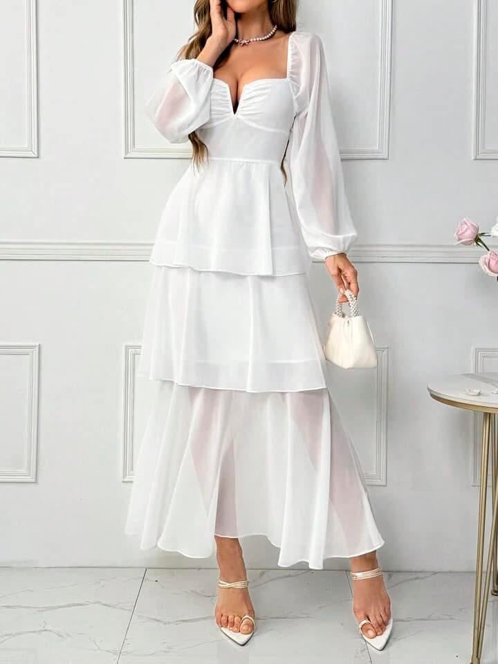 CM-DS422360 Women Elegant Seoul Style Ruffle Hem Mesh Splicing Lantern Sleeve Dress - White