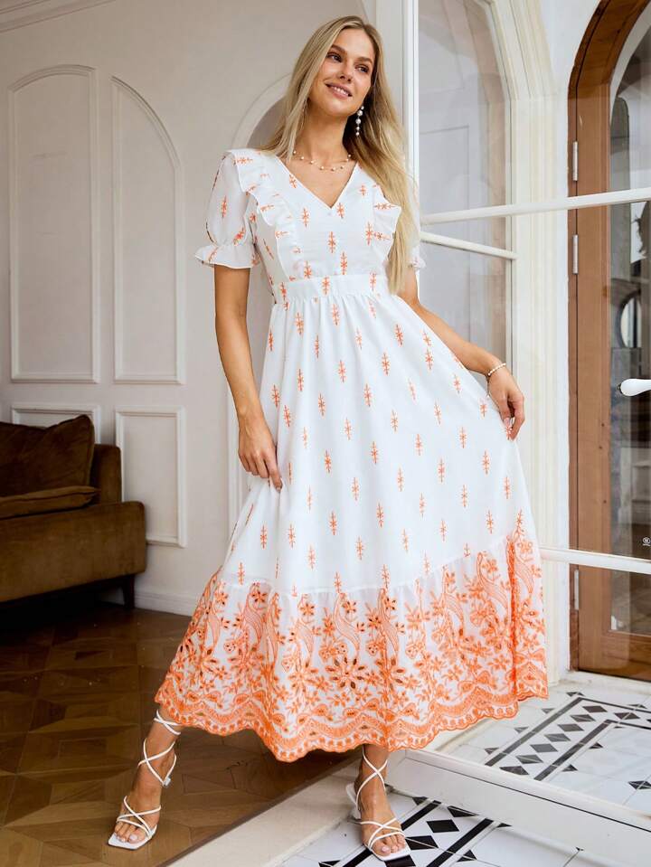 CM-DS838318 Women Elegant Seoul Style V-Neck Short Sleeve Floral Embroidered Dress