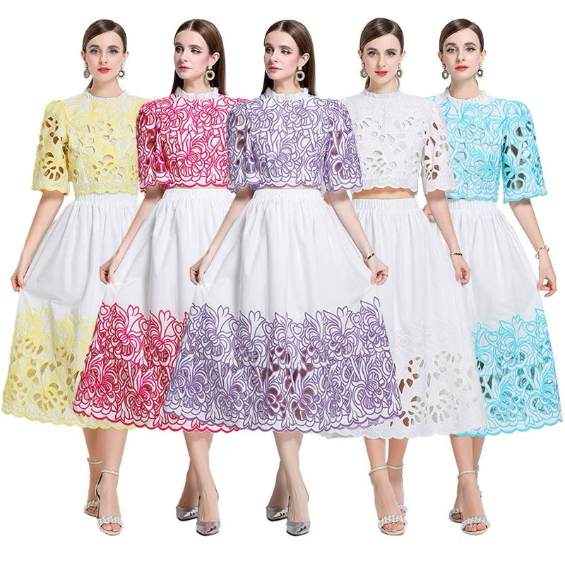 CM-SY045820 Women Elegant European Style Round Neck Short Sleeve Bmbroidery Blouse With High Waist Skirt - Set (Available in 5 colors)